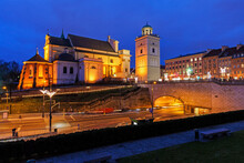 St. Anne's Church At Night, Solidarity Avenue With Tunnel Under The Old Town, Warsaw, Poland