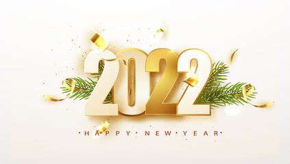 Wall Mural - 2022 golden decoration holiday on beige background. 2022 Happy New Year background. Vector illustration.