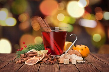 Wall Mural - Cozy home desk table with tea cup. Autumn composition.