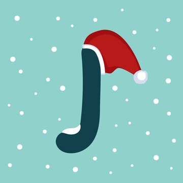 Letter J with snow and red Santa Claus hat. Festive font for Christmas and New Year