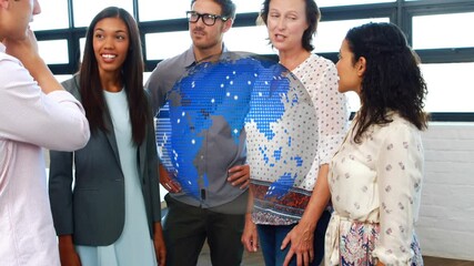 Poster - Animation of rotating globe over happy group of diverse business colleagues talking in office
