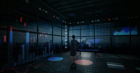 Poster - Animation of financial data processing over businesswoman