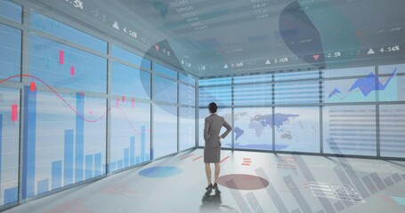 Poster - Animation of financial data processing over businesswoman
