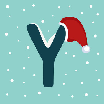 Letter Y with snow and red Santa Claus hat. Festive font for Christmas and New Year