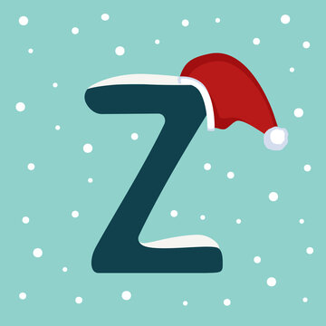Letter Z with snow and red Santa Claus hat. Festive font for Christmas and New Year