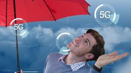 Poster - Animation of scopes scanning over caucasian male with umbrella and clouds