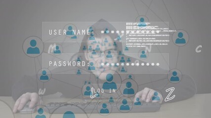 Poster - Animation of networks of connections with letters over man typing on keyboard