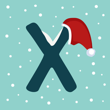 Letter X with snow and red Santa Claus hat. Festive font for Christmas and New Year