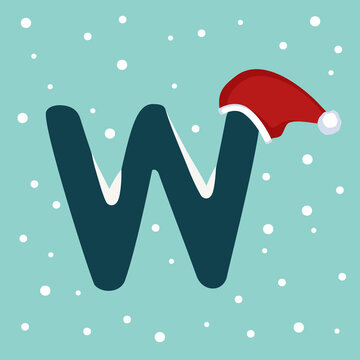 Letter W with snow and red Santa Claus hat. Festive font for Christmas and New Year