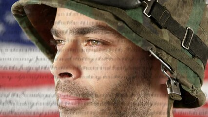 Poster - Animation of document with text over soldier wearing helmet and american flag