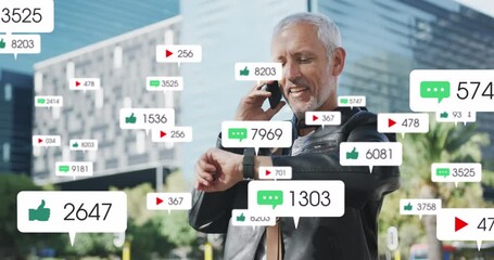 Poster - Animation of social media icons over senior man using smartphone
