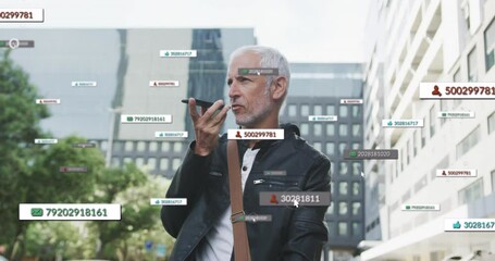 Poster - Animation of social media icons over senior man using smartphone