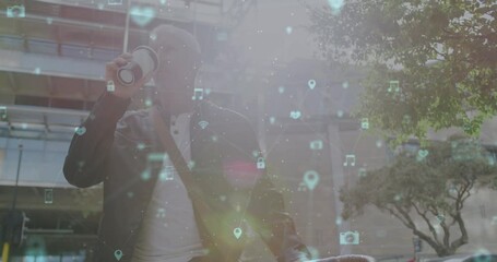 Poster - Animation of social media icons over senior man drinking coffee