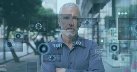 Poster - Animation of screens with data processing over senior man