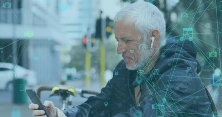 Poster - Animation of social media icons and network of connections over senior man using smartphone