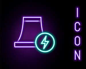 Poster - glowing neon line nuclear power plant icon isolated on black background. energy industrial concept. 