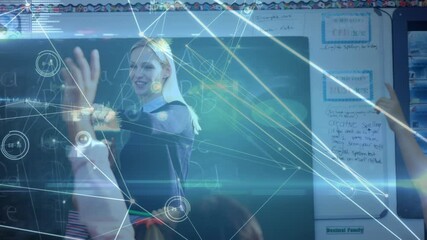 Poster - Animation of network of connections over happy diverse teacher and schoolchildren