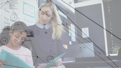 Poster - Animation of network of connections over happy diverse teacher and schoolgirl