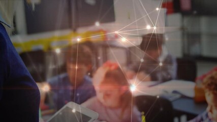 Poster - Animation of network of connections over happy diverse teacher and schoolchildren