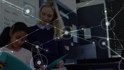 Poster - Animation of network of connections over happy diverse teacher and schoolgirl
