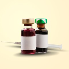 Poster - 1st dosis and a 2nd dosis of covid-19 vaccine on a vial bottle for injection