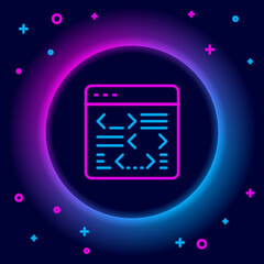 Poster - glowing neon line software, web developer programming code icon isolated on black background. javasc