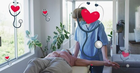 Poster - Animation of sthetoscope with heart over caucasian nurse and patient exercising