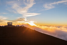 View From Red Hill Summit To Haleakala Observatory At Sunset, Maui, Hawaii, USA
