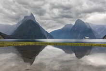 New Zealand, Oceania, South Island, Southland, Fiordland National Park, Mitre Peak And Milford Sound Beach At Low Tide With Green Algae On Pebbles