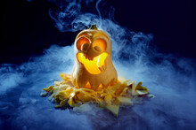 Studio Shot Of Spooky Jack-o-lantern Made OfÔøΩbutternut Squash