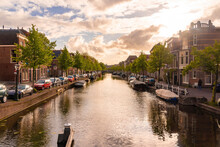 Netherlands, South Holland, Leiden, Oude Rijn Canal At Sunset