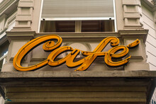 Switzerland, Zurich, Vintage Cafe Neon Sign On Building