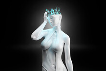 Three dimensional render of gynoid touching digital brain representing machine learning and artificial intelligence