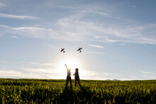 Playful Brothers Flying Airplane Toy While Standing On Grass In Meadow