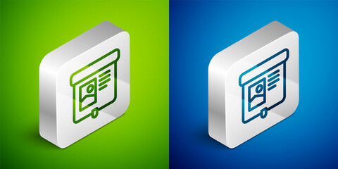 Poster - Isometric line Projection screen icon isolated on green and blue background. Business presentation visual content like slides, infographics and video. Silver square button. Vector