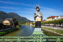 Saint John Of Nepomuk At Elisabeth Bridge Over River Traun Against Blue Sky, Salzkammergut, Bad Ischl, Upper Austria, Austria