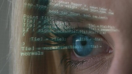 Poster - Animation of data processing over eye of caucasian woman