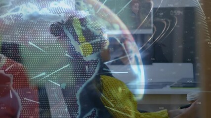 Poster - Animation of globe and networks of connections over mixed race businesswoman in office
