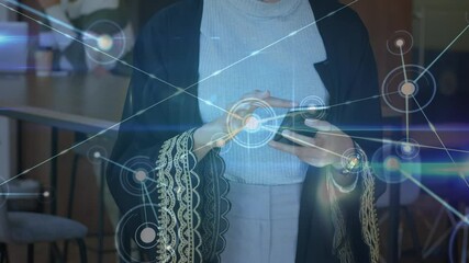 Poster - Animation of networks of connections over mixed race businesswoman using smartphone in office