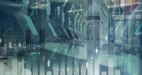 Poster - Animation of financial data processing over diverse business people walking in modern office