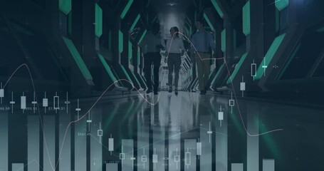 Poster - Animation of financial data processing over diverse business people walking in modern office