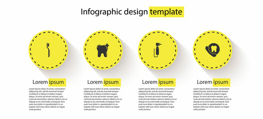 Sticker - Set Toothbrush, whitening, drill and Online dental care. Business infographic template. Vector