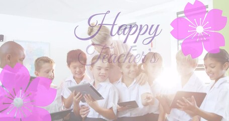 Wall Mural - Animation of happy teachers day text over diverse schoolchildren smiling and flower icons