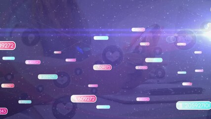 Poster - Animation of network of connection with icons over woman using smartphone