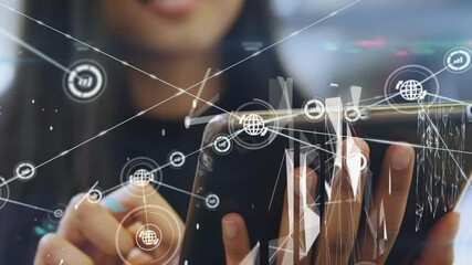 Poster - Ammunition of network of connections and icons over woman using tablet