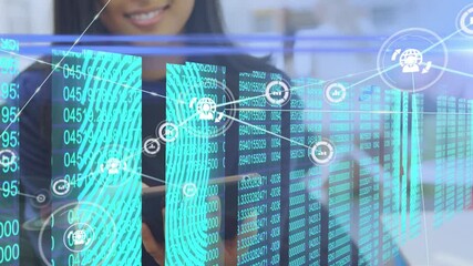Poster - Animation of network of connections and data processing over woman using tablet