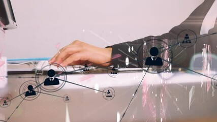 Poster - Animation of network of connections and icons over man using laptop