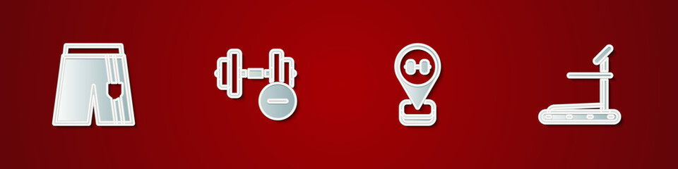 Poster - Set Short or pants, Dumbbell, Location gym and Treadmill machine icon. Vector