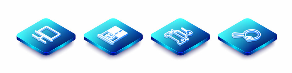 Sticker - Set Isometric line Computer network, Mail server, Car rental and Unknown search icon. Vector