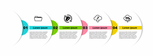 Sticker - Set line Folder, Refund money, Cloud download music and CO2 emissions in cloud. Business infographic template. Vector